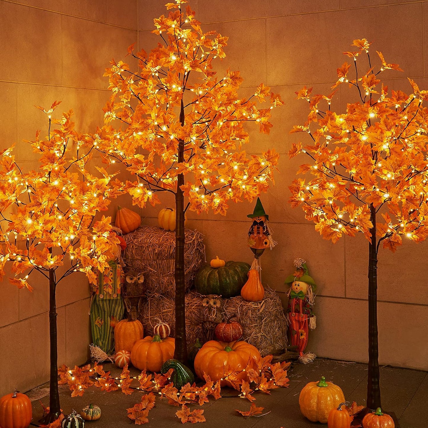 2PCS 6FT 240LED(120LED Each) Artificial Lighted Maple Tree Warm White Fall Decorations Indoor Outdoor, Orange