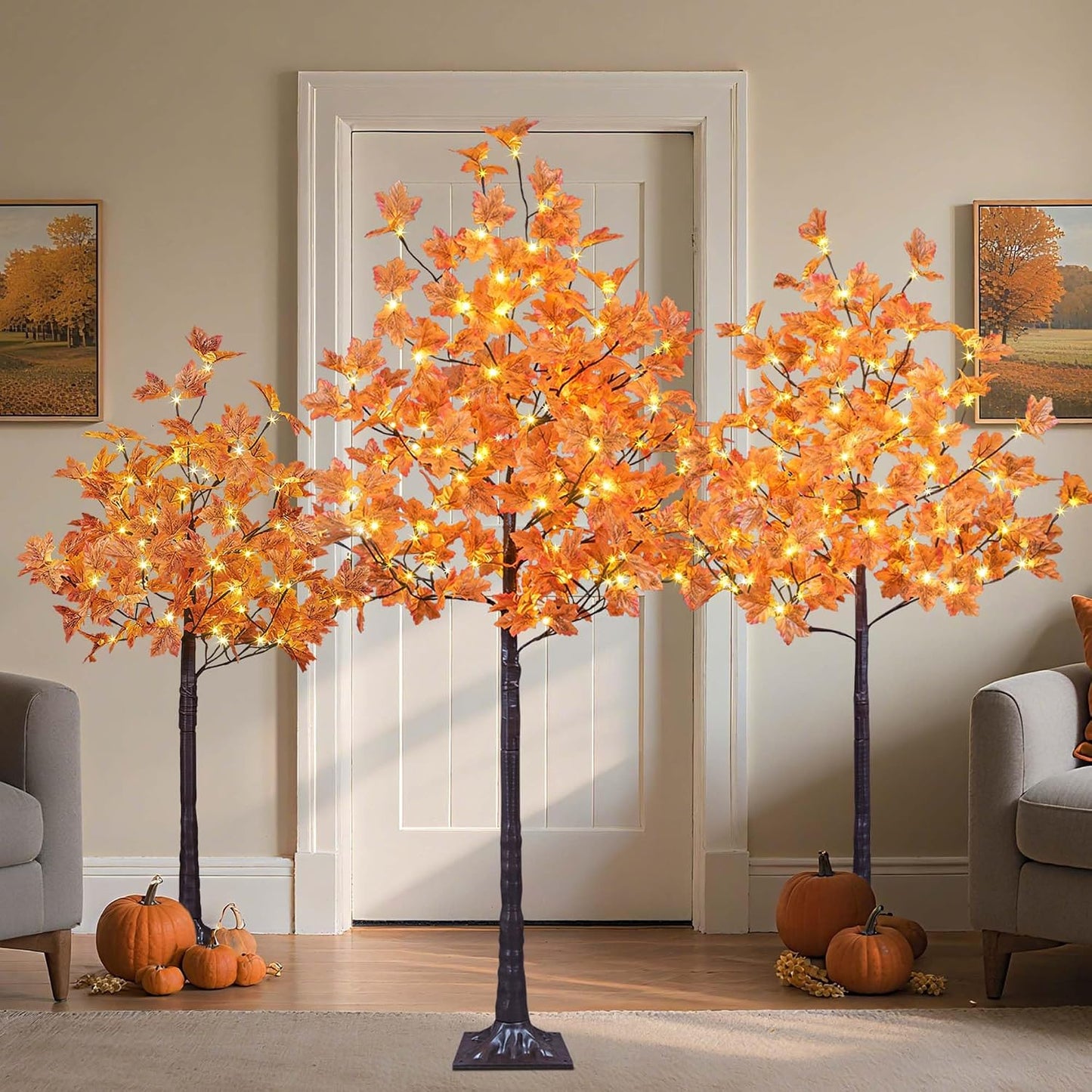 2PCS 6FT 240LED(120LED Each) Artificial Lighted Maple Tree Warm White Fall Decorations Indoor Outdoor, Orange