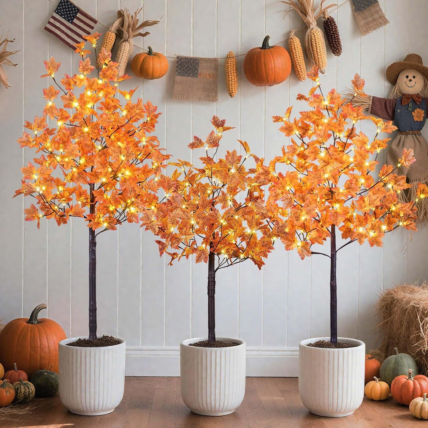 2PCS 6FT 240LED(120LED Each) Artificial Lighted Maple Tree Warm White Fall Decorations Indoor Outdoor, Orange