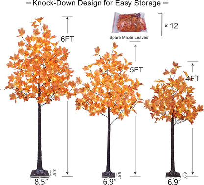 2PCS 6FT 240LED(120LED Each) Artificial Lighted Maple Tree Warm White Fall Decorations Indoor Outdoor, Orange