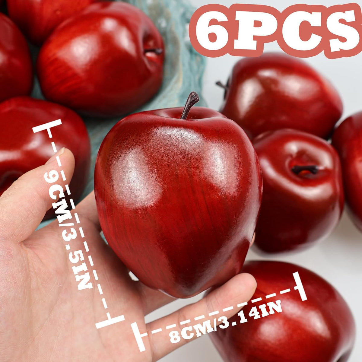 Artificial Apples Fake Fruits Red Delicious Apples for Decoration, Decorative Fruit, Faux Big Red Apple 6 Pcs
