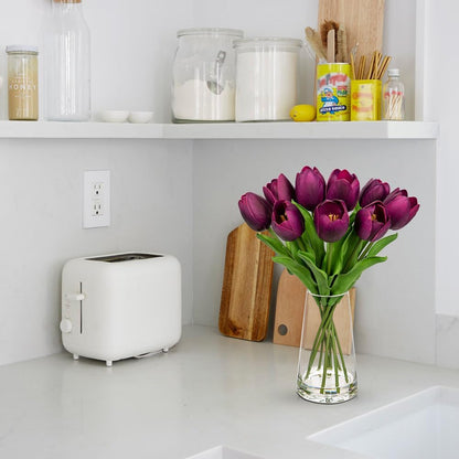 Fake Tulips Artificial Tulip Flowers in Glass Vase with Faux Water, 14.2" Real Touch Purple Tulip Flowers Décor for Table Centerpiece Home Farmhouse Resto Wedding Decoration