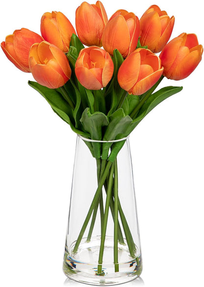 Fake Tulips Artificial Tulip Flowers in Glass Vase with Faux Water, 14.2" Real Touch Purple Tulip Flowers Décor for Table Centerpiece Home Farmhouse Resto Wedding Decoration