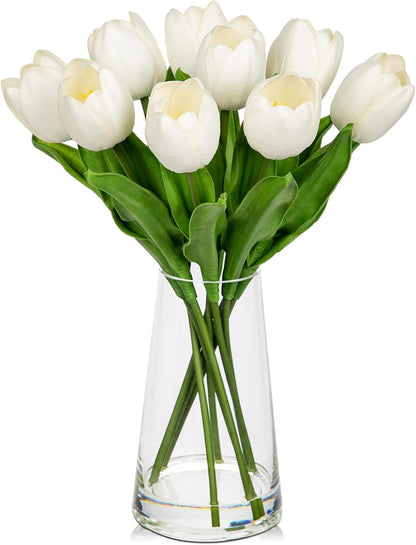Fake Tulips Artificial Tulip Flowers in Glass Vase with Faux Water, 14.2" Real Touch Purple Tulip Flowers Décor for Table Centerpiece Home Farmhouse Resto Wedding Decoration