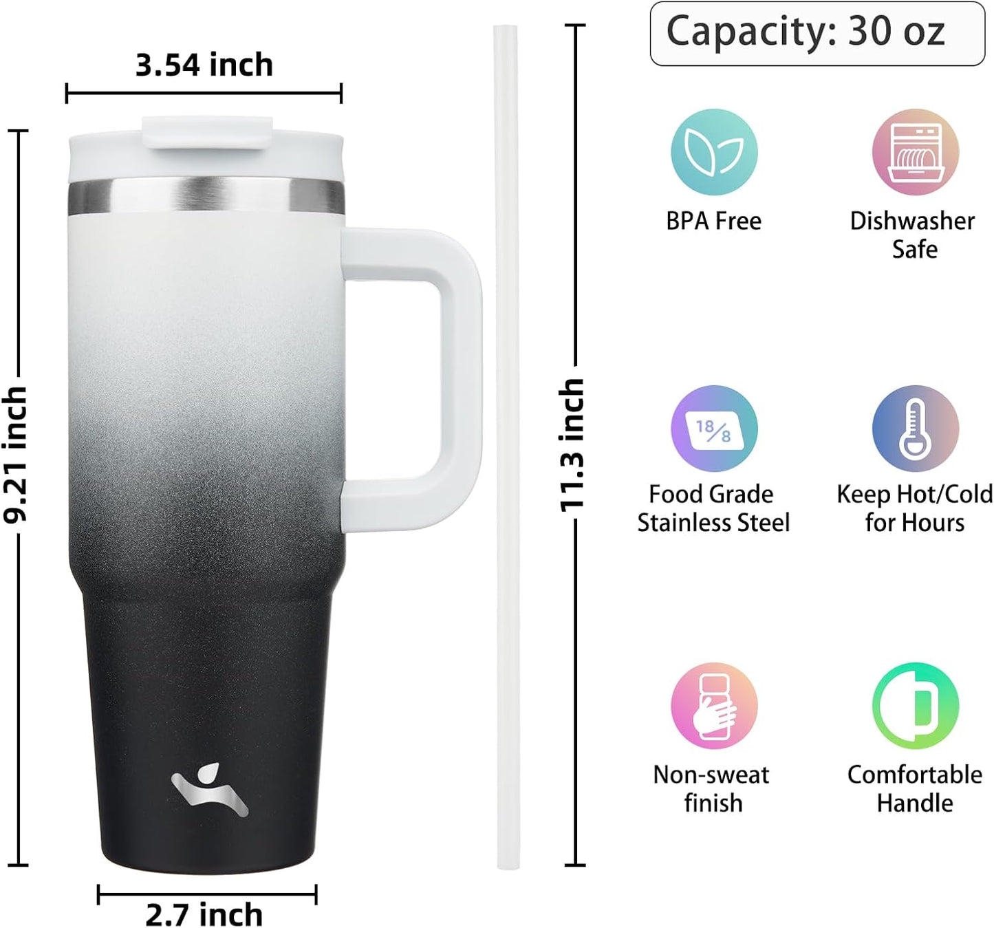 30 oz Insulated Tumbler Water Bottle with Handle, Straw Lid | BPA-free and dishwasher safe; made for gym, travel, coffee and gifting, 2 straws, cup holder friendly,Lemon