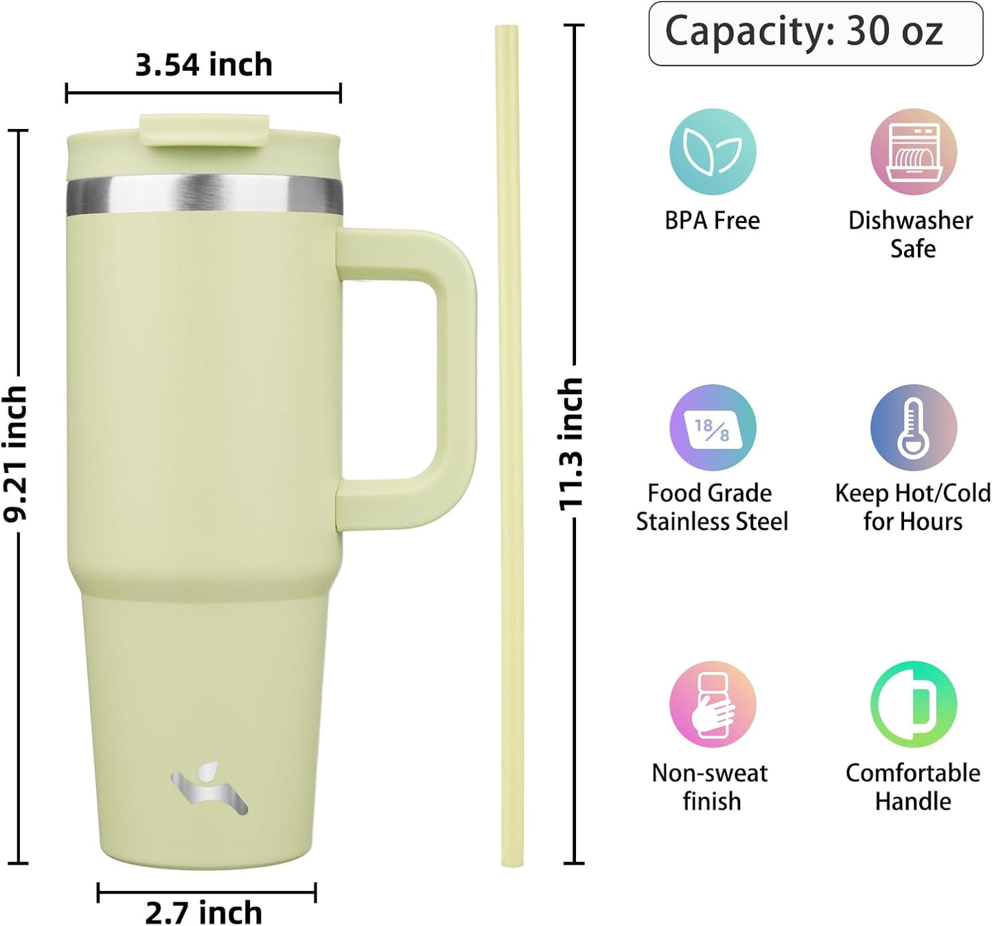30 oz Insulated Tumbler Water Bottle with Handle, Straw Lid | BPA-free and dishwasher safe; made for gym, travel, coffee and gifting, 2 straws, cup holder friendly,Lemon