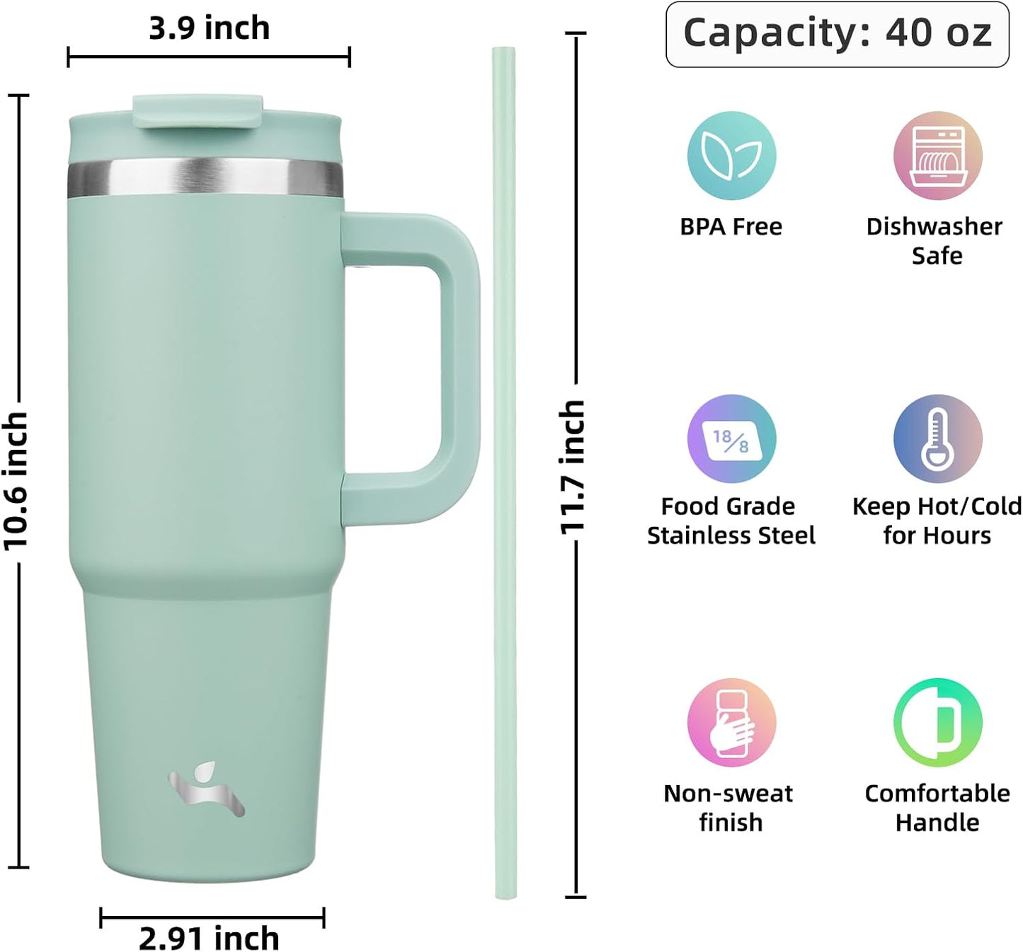 30 oz Insulated Tumbler Water Bottle with Handle, Straw Lid | BPA-free and dishwasher safe; made for gym, travel, coffee and gifting, 2 straws, cup holder friendly,Lemon