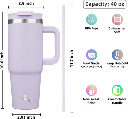 30 oz Insulated Tumbler Water Bottle with Handle, Straw Lid | BPA-free and dishwasher safe; made for gym, travel, coffee and gifting, 2 straws, cup holder friendly,Lemon