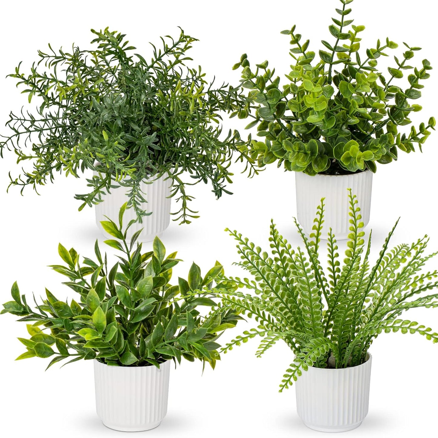 4 Pack Artificial Potted Plants Eucalyptus Rosemary Boston Fern ZZ Plant Fake Plant in Pot Small Faux Plant Greenery Aesthetic Indoor Home Decor Bathroom Bedroom Table Shelf Office