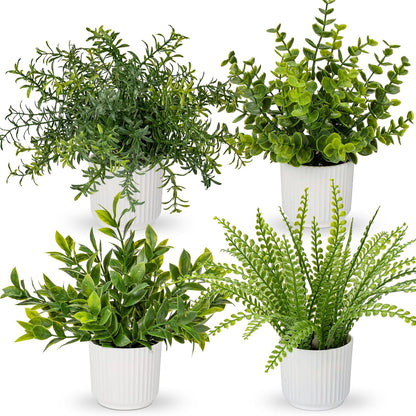 4 Pack Artificial Potted Plants Eucalyptus Rosemary Boston Fern ZZ Plant Fake Plant in Pot Small Faux Plant Greenery Aesthetic Indoor Home Decor Bathroom Bedroom Table Shelf Office