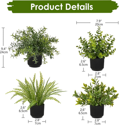4 Pack Artificial Potted Plants Eucalyptus Rosemary Boston Fern ZZ Plant Fake Plant in Pot Small Faux Plant Greenery Aesthetic Indoor Home Decor Bathroom Bedroom Table Shelf Office