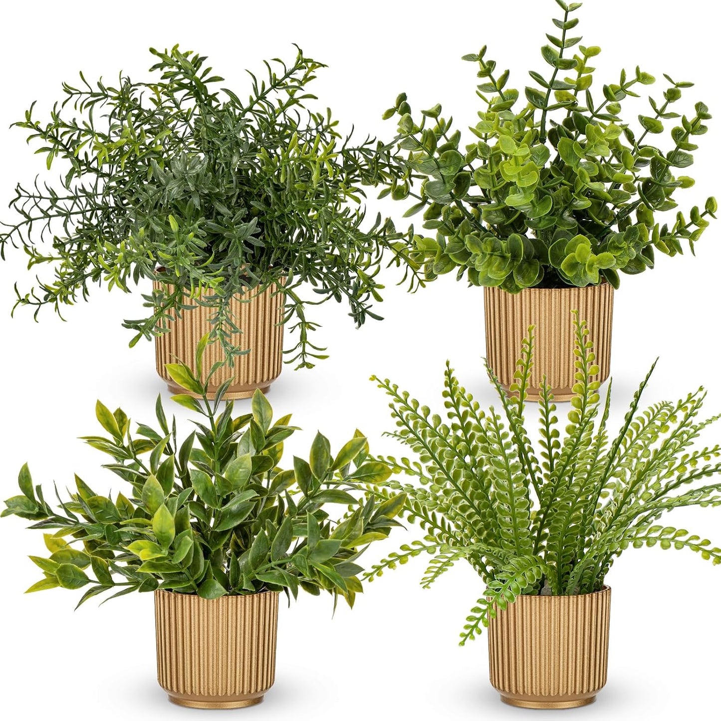 4 Pack Artificial Potted Plants Eucalyptus Rosemary Boston Fern ZZ Plant Fake Plant in Pot Small Faux Plant Greenery Aesthetic Indoor Home Decor Bathroom Bedroom Table Shelf Office