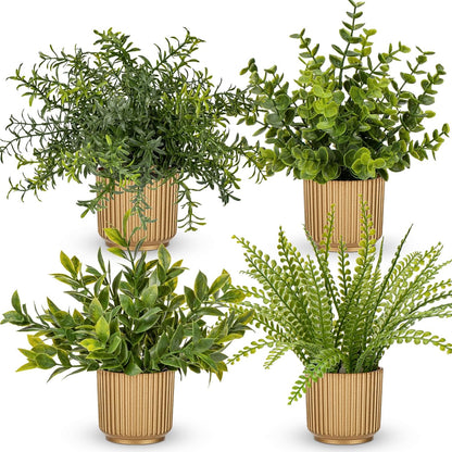 4 Pack Artificial Potted Plants Eucalyptus Rosemary Boston Fern ZZ Plant Fake Plant in Pot Small Faux Plant Greenery Aesthetic Indoor Home Decor Bathroom Bedroom Table Shelf Office