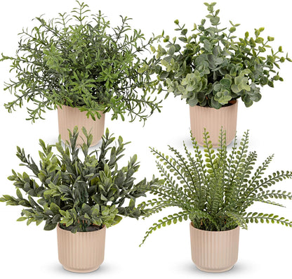 4 Pack Artificial Potted Plants Eucalyptus Rosemary Boston Fern ZZ Plant Fake Plant in Pot Small Faux Plant Greenery Aesthetic Indoor Home Decor Bathroom Bedroom Table Shelf Office