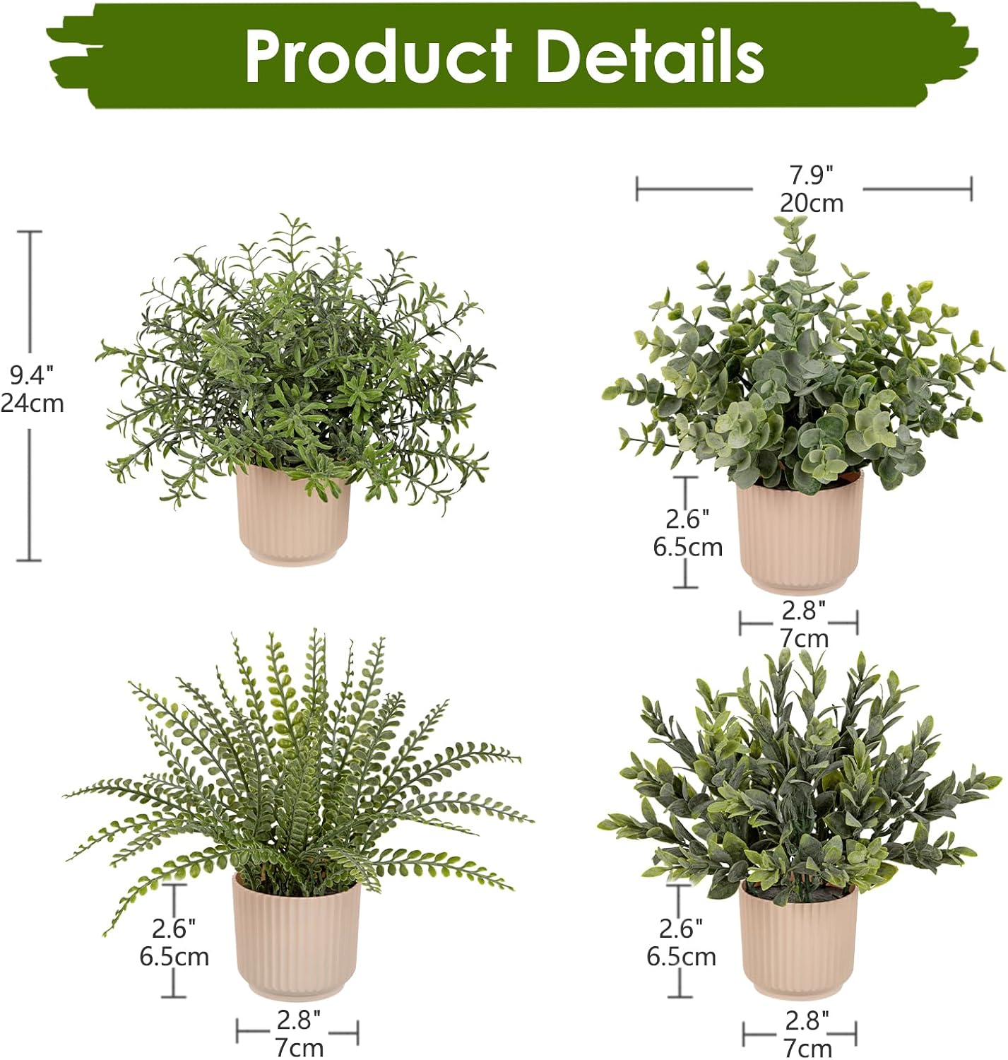 4 Pack Artificial Potted Plants Eucalyptus Rosemary Boston Fern ZZ Plant Fake Plant in Pot Small Faux Plant Greenery Aesthetic Indoor Home Decor Bathroom Bedroom Table Shelf Office