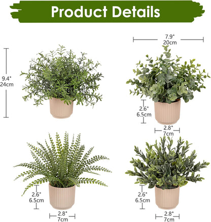 4 Pack Artificial Potted Plants Eucalyptus Rosemary Boston Fern ZZ Plant Fake Plant in Pot Small Faux Plant Greenery Aesthetic Indoor Home Decor Bathroom Bedroom Table Shelf Office