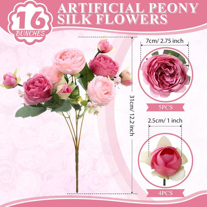 16 Bundles Artificial Peonies Silk Peonies Flower,Rose Red, Pink