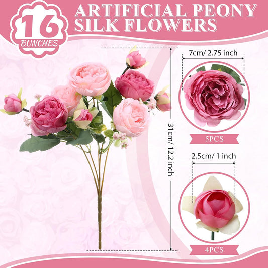 16 Bundles Artificial Peonies Silk Peonies Flower,Rose Red, Pink