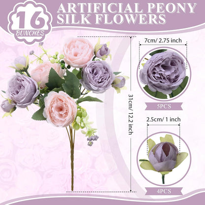 16 Bundles Artificial Peonies Silk Peonies Flower,Rose Red, Pink