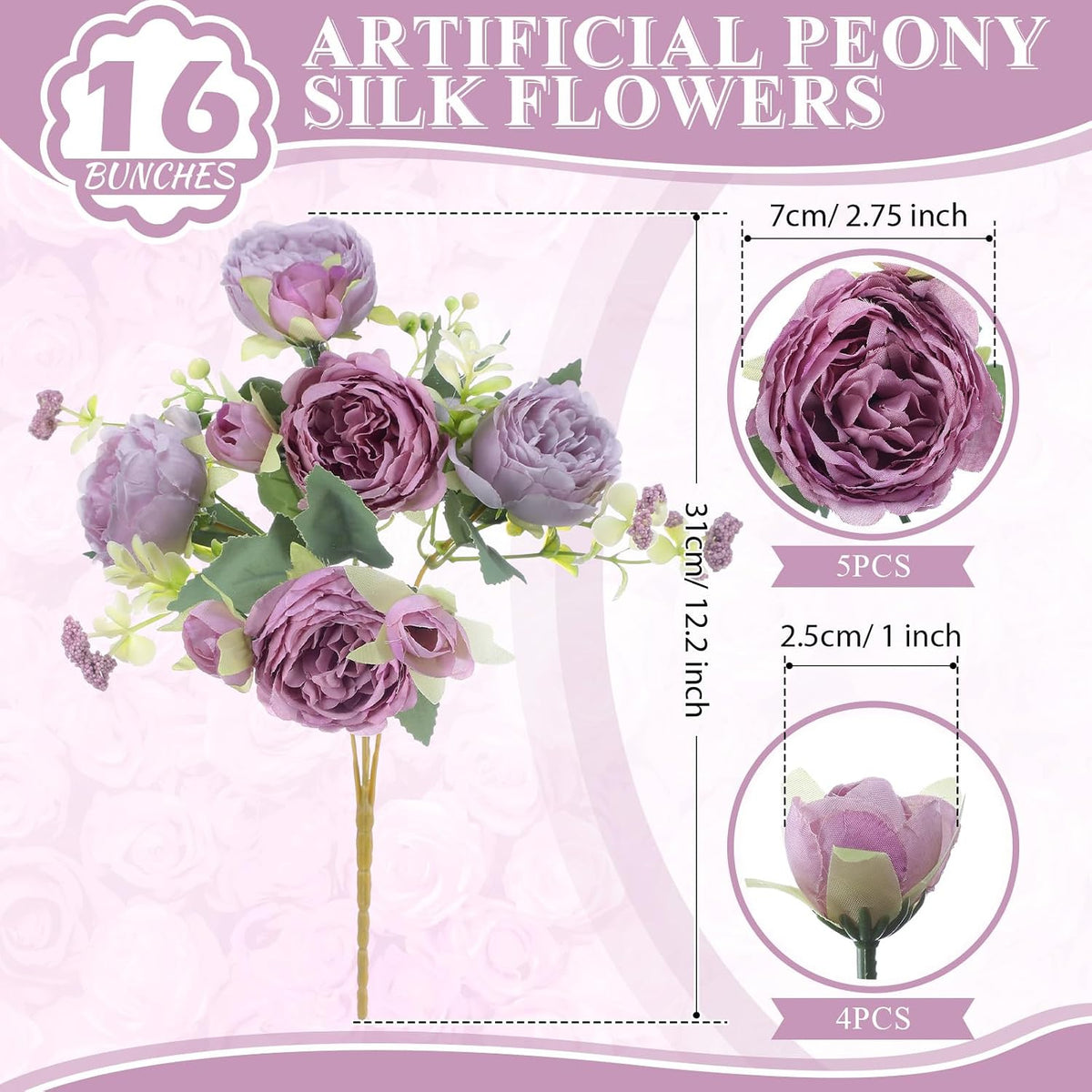 16 Bundles Artificial Peonies Silk Peonies Flower,Rose Red, Pink