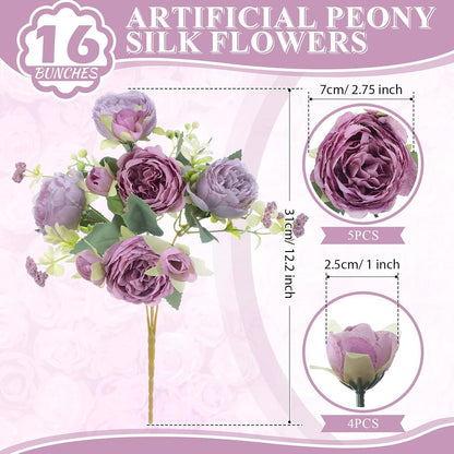 16 Bundles Artificial Peonies Silk Peonies Flower,Rose Red, Pink