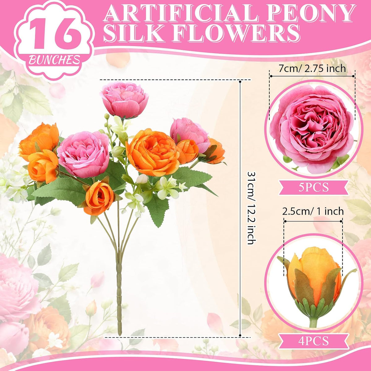 16 Bundles Artificial Peonies Silk Peonies Flower,Rose Red, Pink