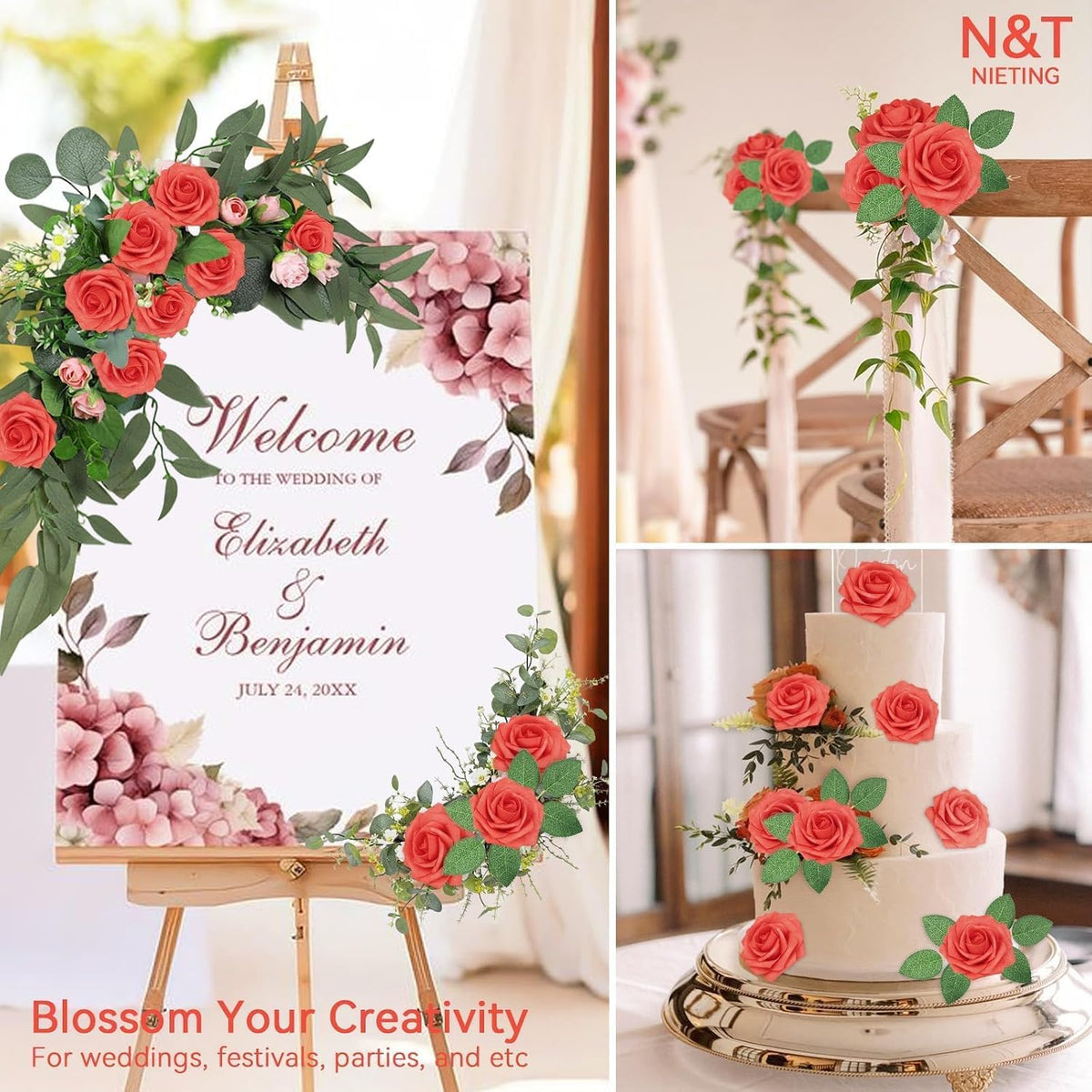 Artificial Flowers Real Touch Fake Foam Roses with Stems Decorations - Colors A