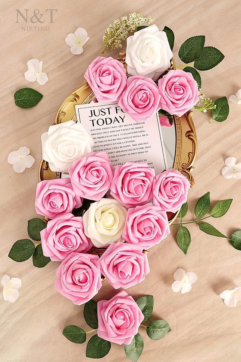 Artificial Flowers Real Touch Fake Foam Roses with Stems Decorations - Colors A