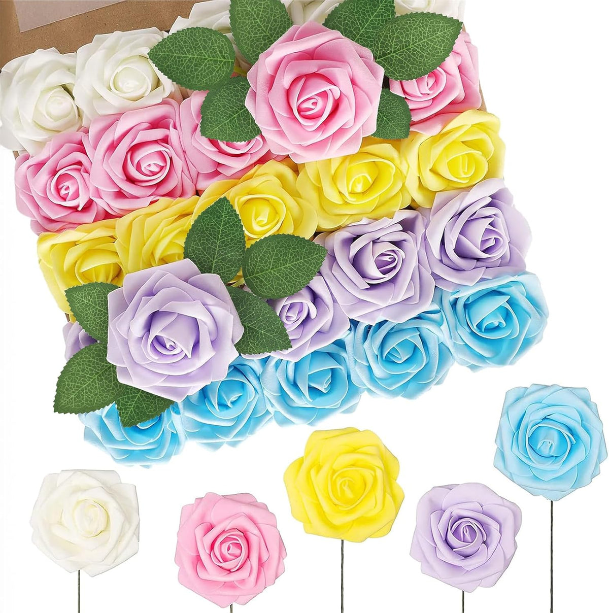 Artificial Flowers Real Touch Fake Foam Roses with Stems Decorations - Colors A