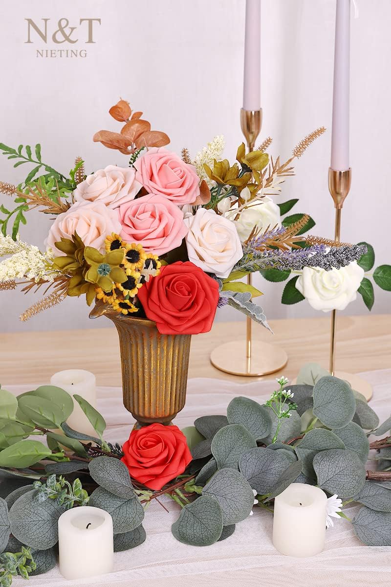 Artificial Flowers Real Touch Fake Foam Roses with Stems Decorations - Colors A