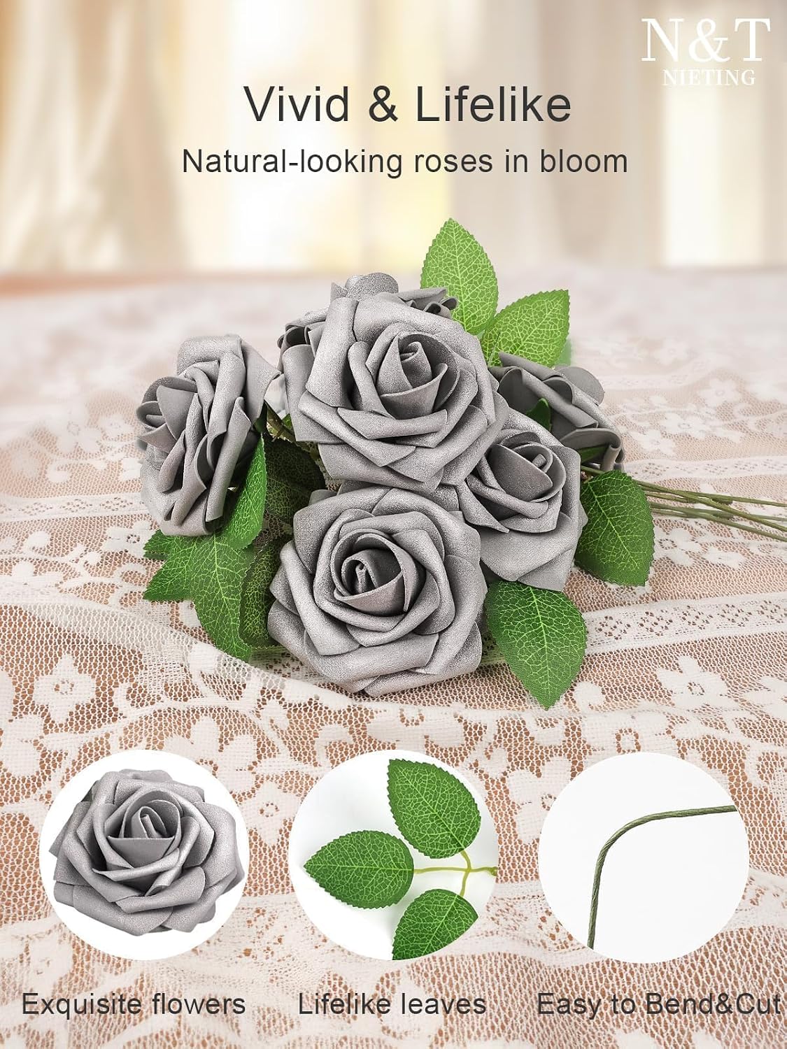 Artificial Flowers Real Touch Fake Foam Roses with Stems Decorations - Colors A