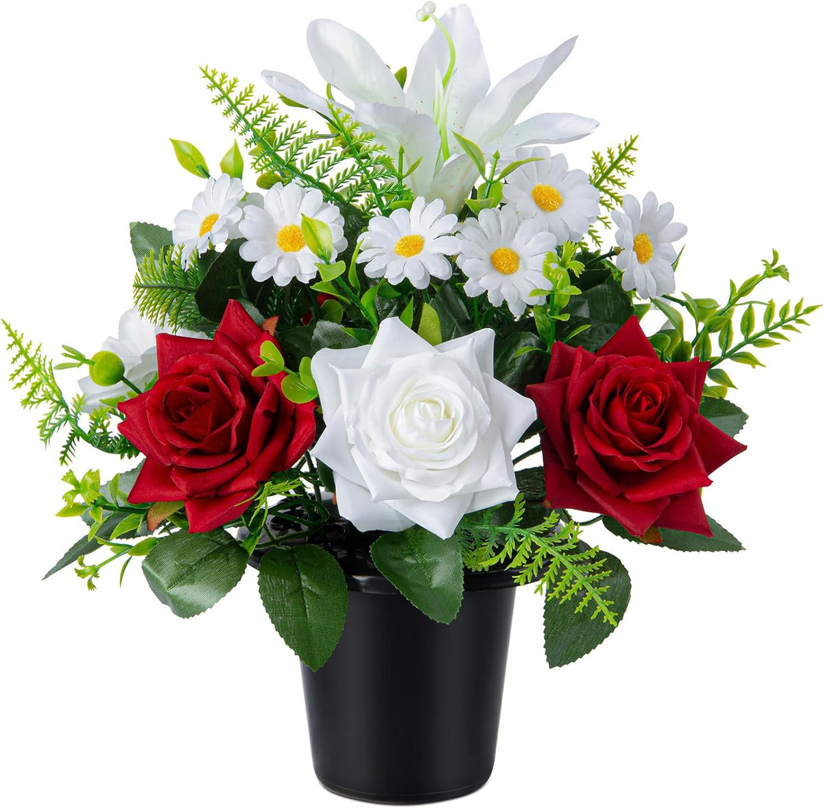 Artificial Grave Flowers in Pots, Artificial Rose Lily Daisy Memorial Flowers with Pot for Cemetery Funeral Outdoor Graveside Decoration (1piece, White & Red)