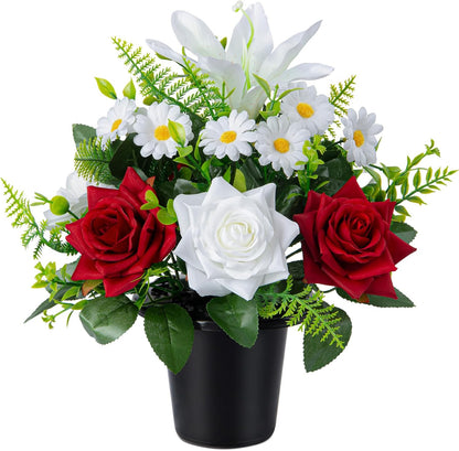 Artificial Grave Flowers in Pots, Artificial Rose Lily Daisy Memorial Flowers with Pot for Cemetery Funeral Outdoor Graveside Decoration (1piece, White & Red)