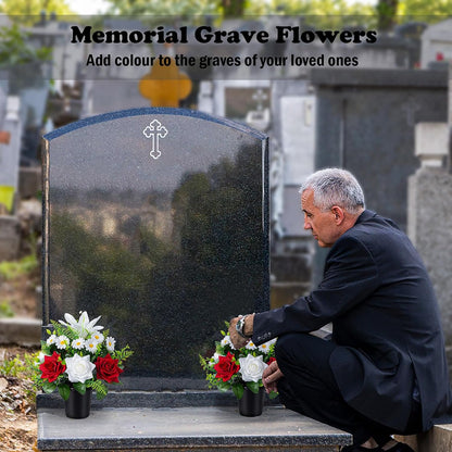 Artificial Grave Flowers in Pots, Artificial Rose Lily Daisy Memorial Flowers with Pot for Cemetery Funeral Outdoor Graveside Decoration (1piece, White & Red)