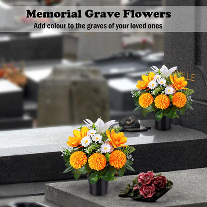 Artificial Grave Flowers in Pots, Artificial Rose Lily Daisy Memorial Flowers with Pot for Cemetery Funeral Outdoor Graveside Decoration (1piece, White & Red)