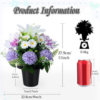 Artificial Grave Flowers in Pots, Artificial Rose Lily Daisy Memorial Flowers with Pot for Cemetery Funeral Outdoor Graveside Decoration (1piece, White & Red)