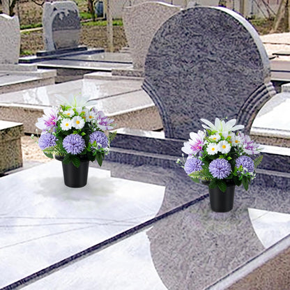 Artificial Grave Flowers in Pots, Artificial Rose Lily Daisy Memorial Flowers with Pot for Cemetery Funeral Outdoor Graveside Decoration (1piece, White & Red)