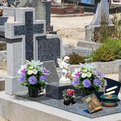 Artificial Grave Flowers in Pots, Artificial Rose Lily Daisy Memorial Flowers with Pot for Cemetery Funeral Outdoor Graveside Decoration (1piece, White & Red)