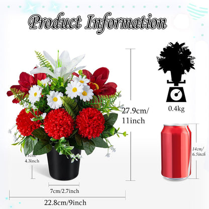 Artificial Grave Flowers in Pots, Artificial Rose Lily Daisy Memorial Flowers with Pot for Cemetery Funeral Outdoor Graveside Decoration (1piece, White & Red)