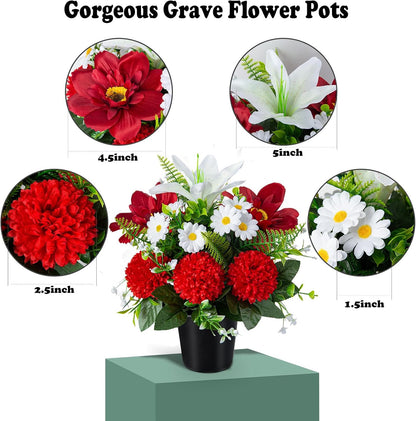 Artificial Grave Flowers in Pots, Artificial Rose Lily Daisy Memorial Flowers with Pot for Cemetery Funeral Outdoor Graveside Decoration (1piece, White & Red)