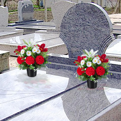 Artificial Grave Flowers in Pots, Artificial Rose Lily Daisy Memorial Flowers with Pot for Cemetery Funeral Outdoor Graveside Decoration (1piece, White & Red)