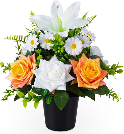 Artificial Grave Flowers in Pots, Artificial Rose Lily Daisy Memorial Flowers with Pot for Cemetery Funeral Outdoor Graveside Decoration (1piece, White & Red)