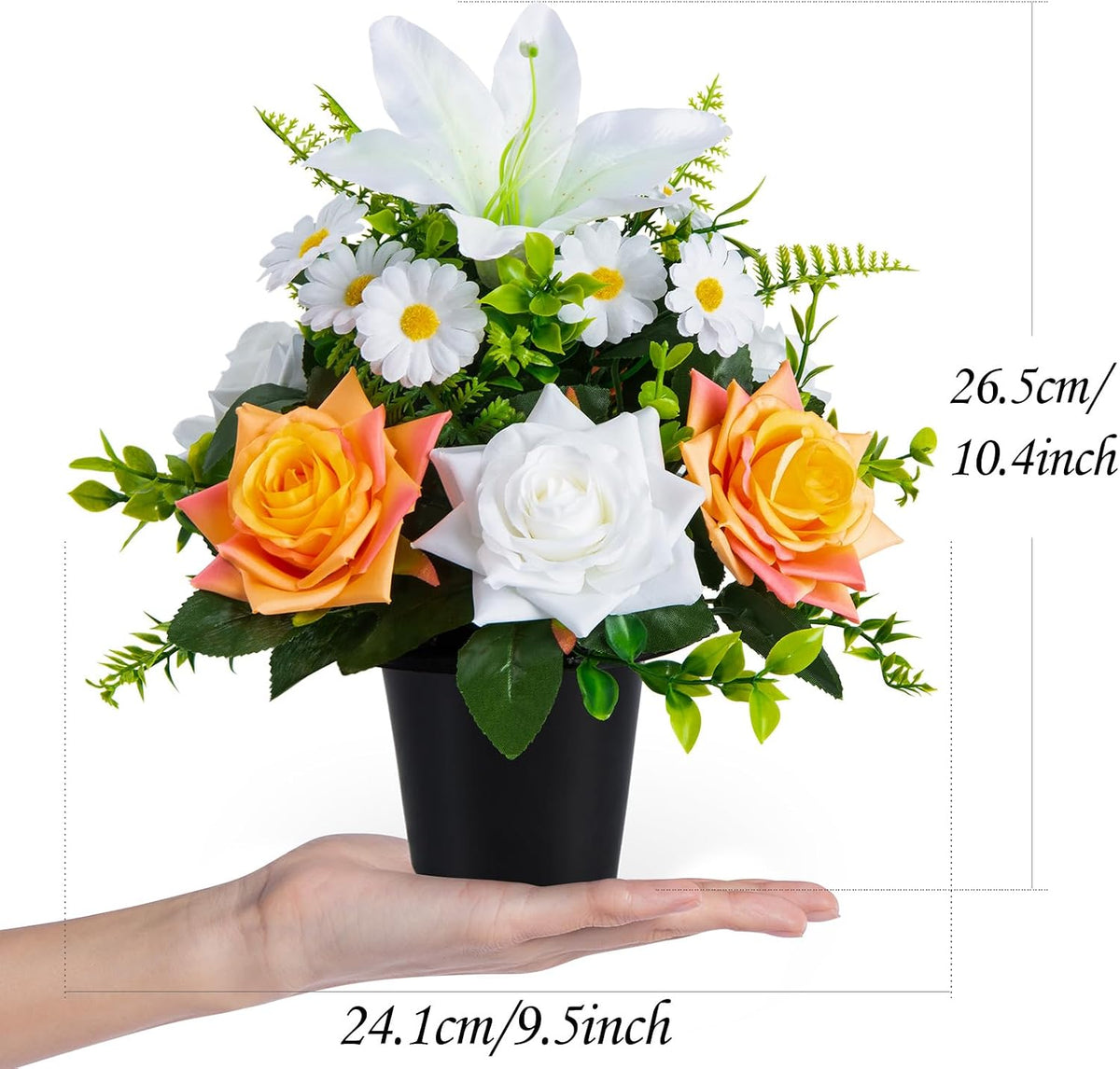 Artificial Grave Flowers in Pots, Artificial Rose Lily Daisy Memorial Flowers with Pot for Cemetery Funeral Outdoor Graveside Decoration (1piece, White & Red)