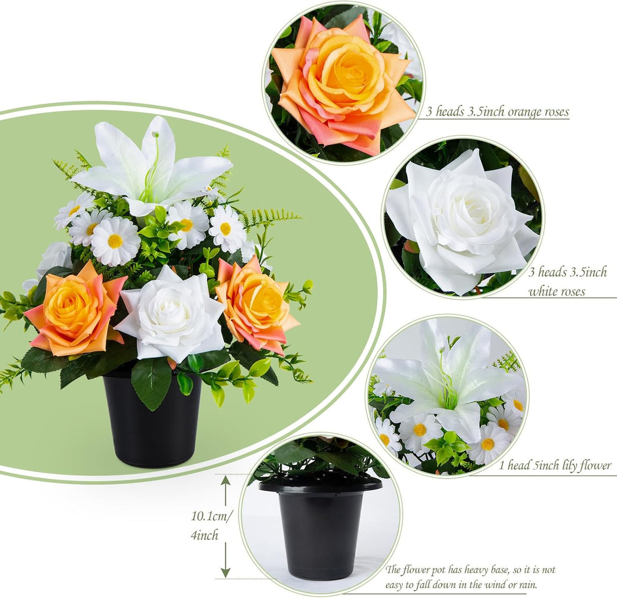 Artificial Grave Flowers in Pots, Artificial Rose Lily Daisy Memorial Flowers with Pot for Cemetery Funeral Outdoor Graveside Decoration (1piece, White & Red)