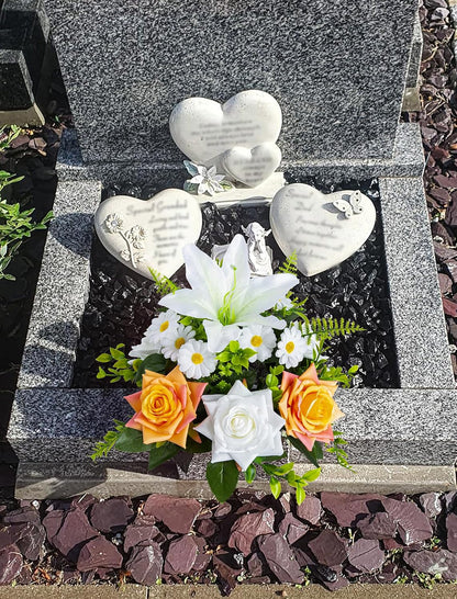 Artificial Grave Flowers in Pots, Artificial Rose Lily Daisy Memorial Flowers with Pot for Cemetery Funeral Outdoor Graveside Decoration (1piece, White & Red)