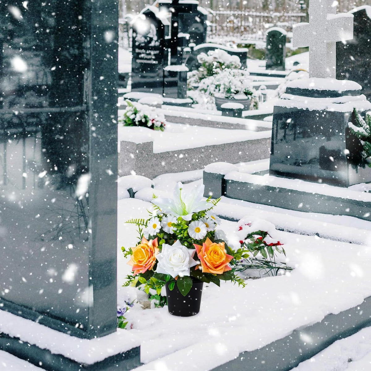 Artificial Grave Flowers in Pots, Artificial Rose Lily Daisy Memorial Flowers with Pot for Cemetery Funeral Outdoor Graveside Decoration (1piece, White & Red)