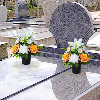 Artificial Grave Flowers in Pots, Artificial Rose Lily Daisy Memorial Flowers with Pot for Cemetery Funeral Outdoor Graveside Decoration (1piece, White & Red)