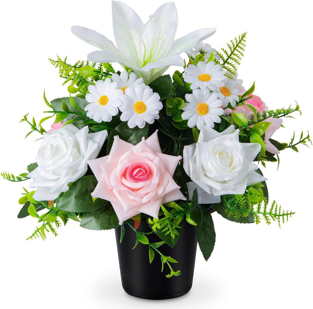 Artificial Grave Flowers in Pots, Artificial Rose Lily Daisy Memorial Flowers with Pot for Cemetery Funeral Outdoor Graveside Decoration (1piece, White & Red)