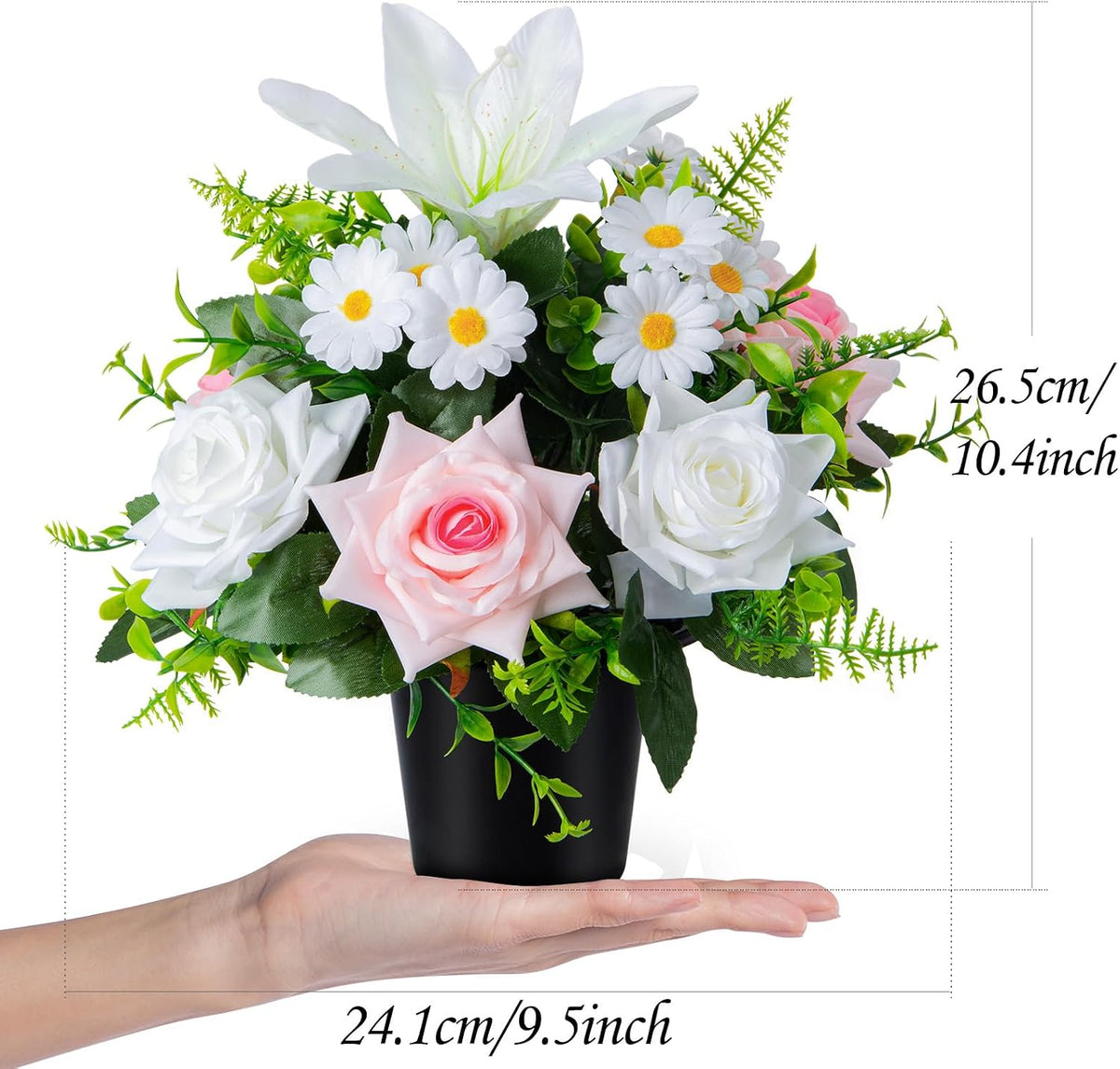 Artificial Grave Flowers in Pots, Artificial Rose Lily Daisy Memorial Flowers with Pot for Cemetery Funeral Outdoor Graveside Decoration (1piece, White & Red)