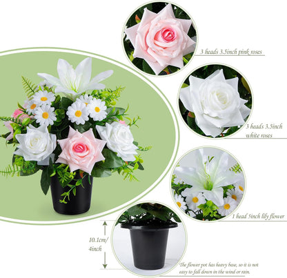 Artificial Grave Flowers in Pots, Artificial Rose Lily Daisy Memorial Flowers with Pot for Cemetery Funeral Outdoor Graveside Decoration (1piece, White & Red)